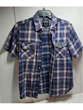 Men's XRAY JEANS Blue Plaid Short Sleeve Casual Button Down Shirt S